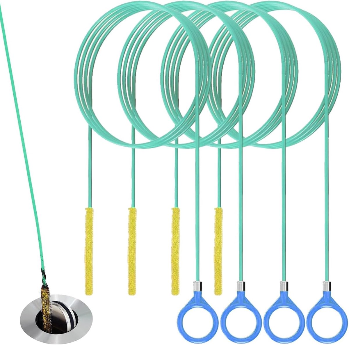 SnelShoppen - 4-delige Afvoerreiniger Spiral 90cm - Nylon Coated Draad, Pijpreiniger voor Badkamer, Wasbak en Douche