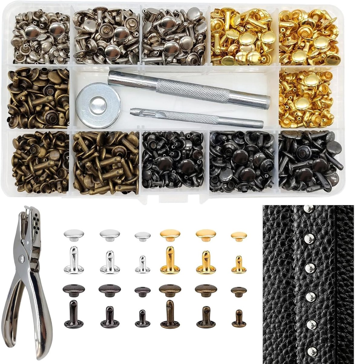 Nhgkju 360 Set Leather Rivets, Double Cap, Hollow Rivets with Drilling Tools and Pliers, 4 Colours, 12 mm, 8 mm, 6 mm - ShopVlot