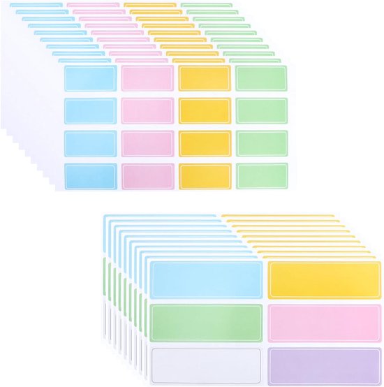 Stapel vellen met pastelkleurige etiketten: blauw, roze, geel en groen. Zichtbaar in twee formaten.