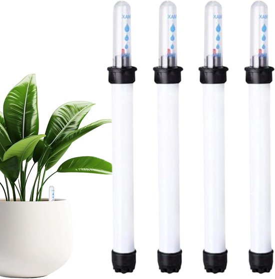 Vier witte waterniveau meters naast een plant in een witte pot.