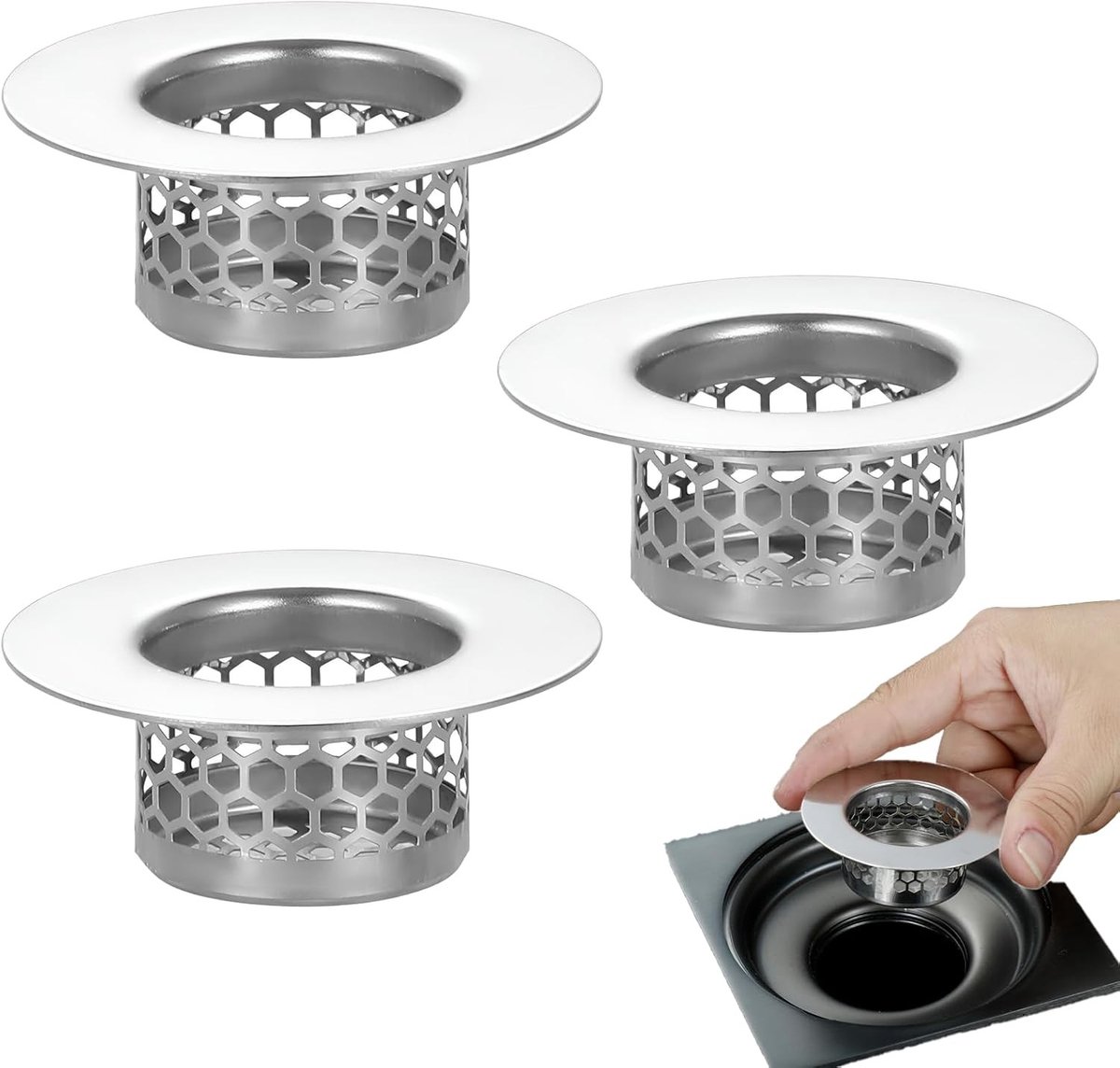SnelShoppen - Set van 3 universele afvoerzeven, douche afvoerfilter en gootsteenrooster, geschikt voor badkamerafvoer en keuken, diameter 2.5-4.2 cm
