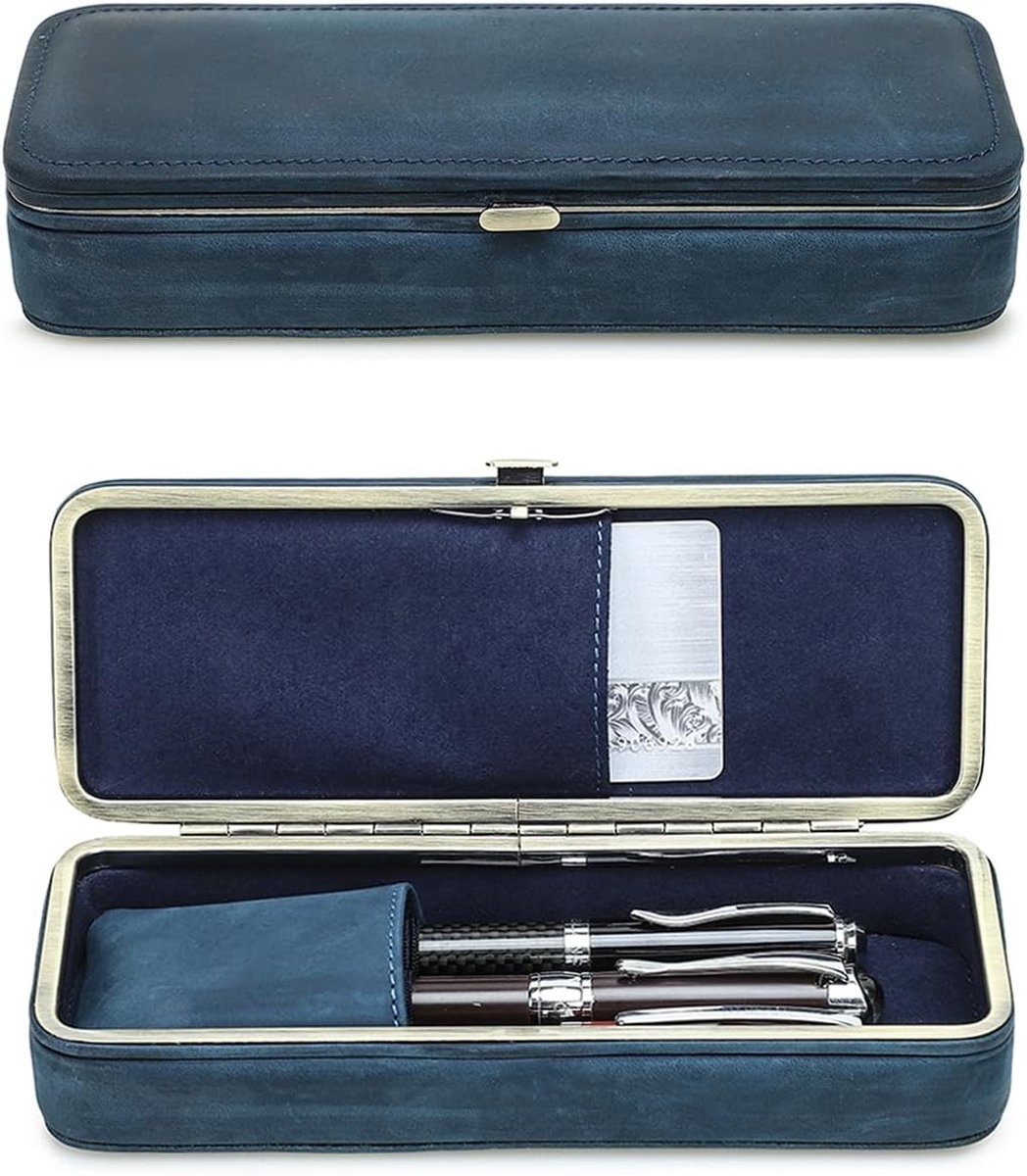 Lederen etui met 3 vulpennen, vintage pennenetui met drukknoopsluiting en kaartsleuf, handgemaakte multifunctionele organizer voor kantoor en briefpapier, ideaal voor man en vrouw