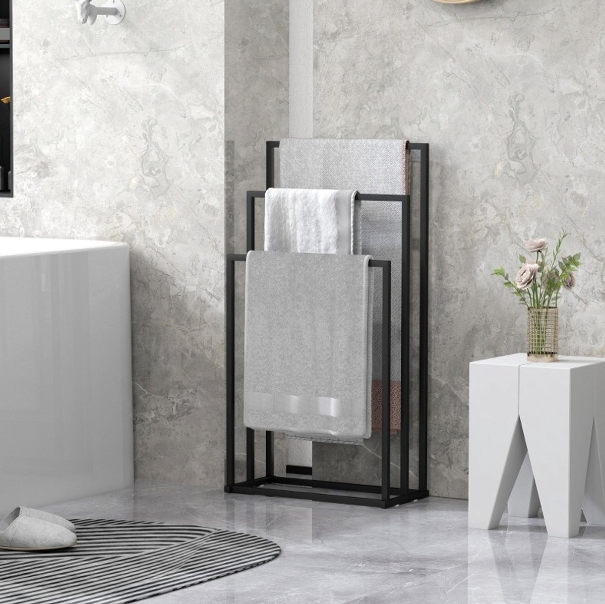 REDOM - Droogrek - Vrijstaand handdoekenrek met 3 stangen - Poedercoating - Modern - Badkamer, slaapkamer of wasruimte - Staal - Zwart - 45 x 21,5 x 85 cm