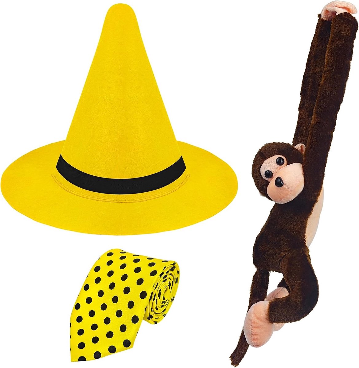 Geel Hoed Kostuum voor Mannen en Vrouwen, Gele Hoed met Stippen, Knuffel Aap voor Halloween en Cosplay Feestjes