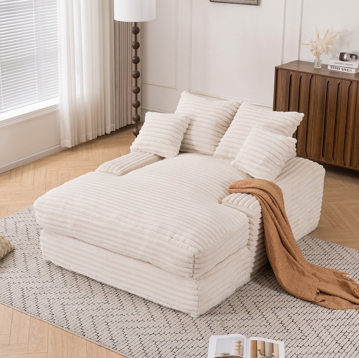 MODENUIT Chaise Longue 135 x 165 x 58 cm - Met 4 Afneembare Kussens - Voor Woonkamer - Ribstof Beige
