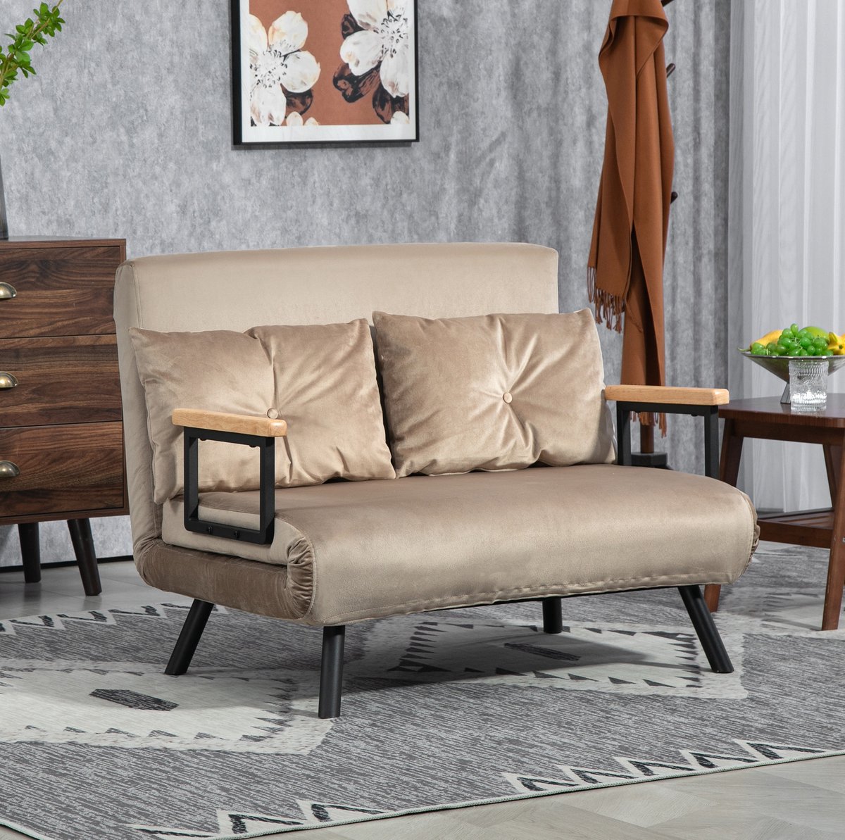 COVREO Slaapbank 102x73x81 cm lichtbruin, staal en stof met slaapfunctie