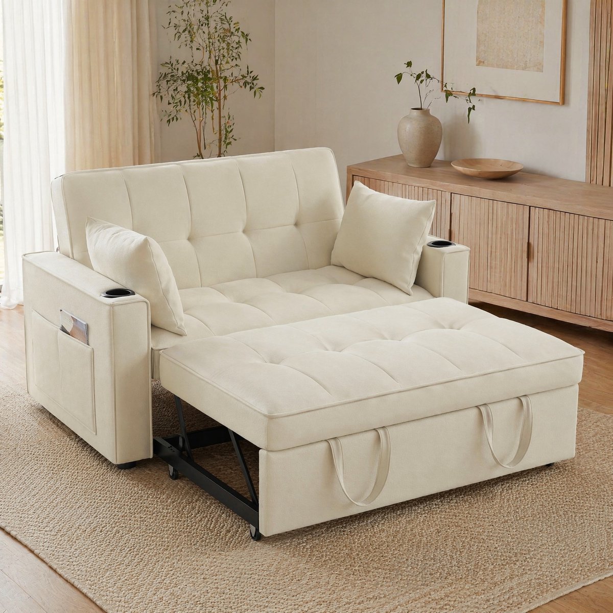 COVREO Slaapbank 137x76,5x83 cm beige, velvet met bekerhouders
