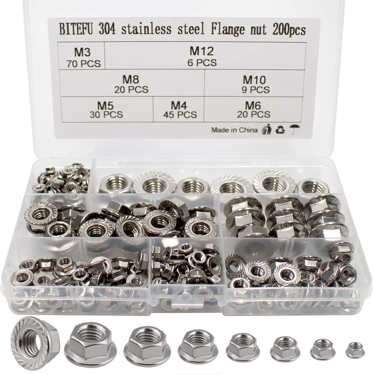 SnelShoppen - 200 Stuks Flensmoeren M3 M4 M5 M6 M8 M10 M12 Roestvrij Staal, Hexmoeren met Locktanden, Zelfsluitende Moeren Assortiment Set in Opbergdo