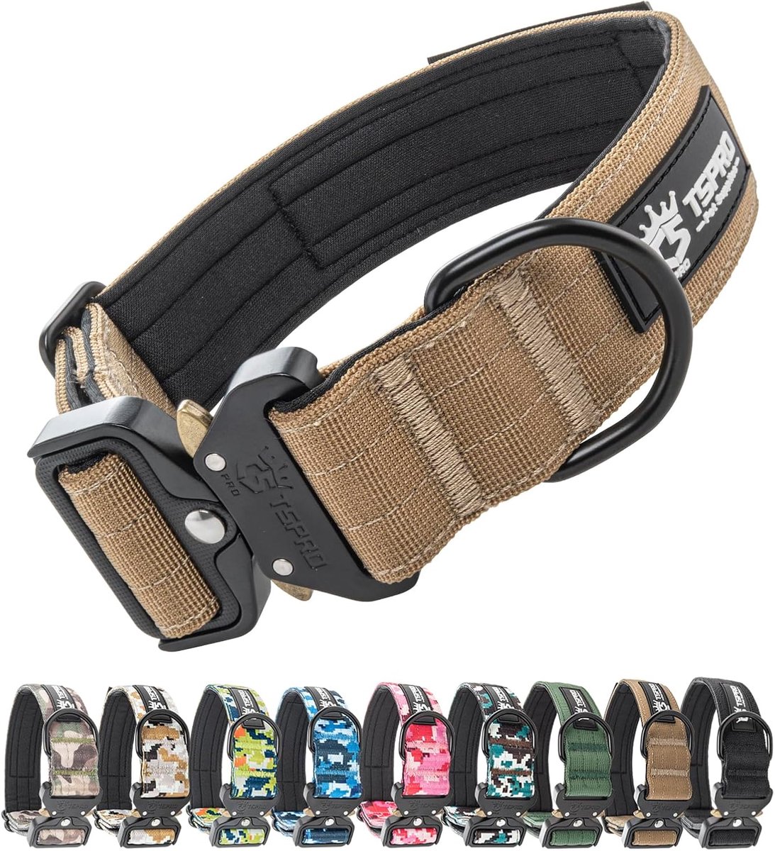 SnelShoppen - Premium Hondenhalsband met Patches, Verstelbare Dikke Halsband met Snelsluiting, Stevige Halsband voor Middelgrote en Grote Honden (Khak