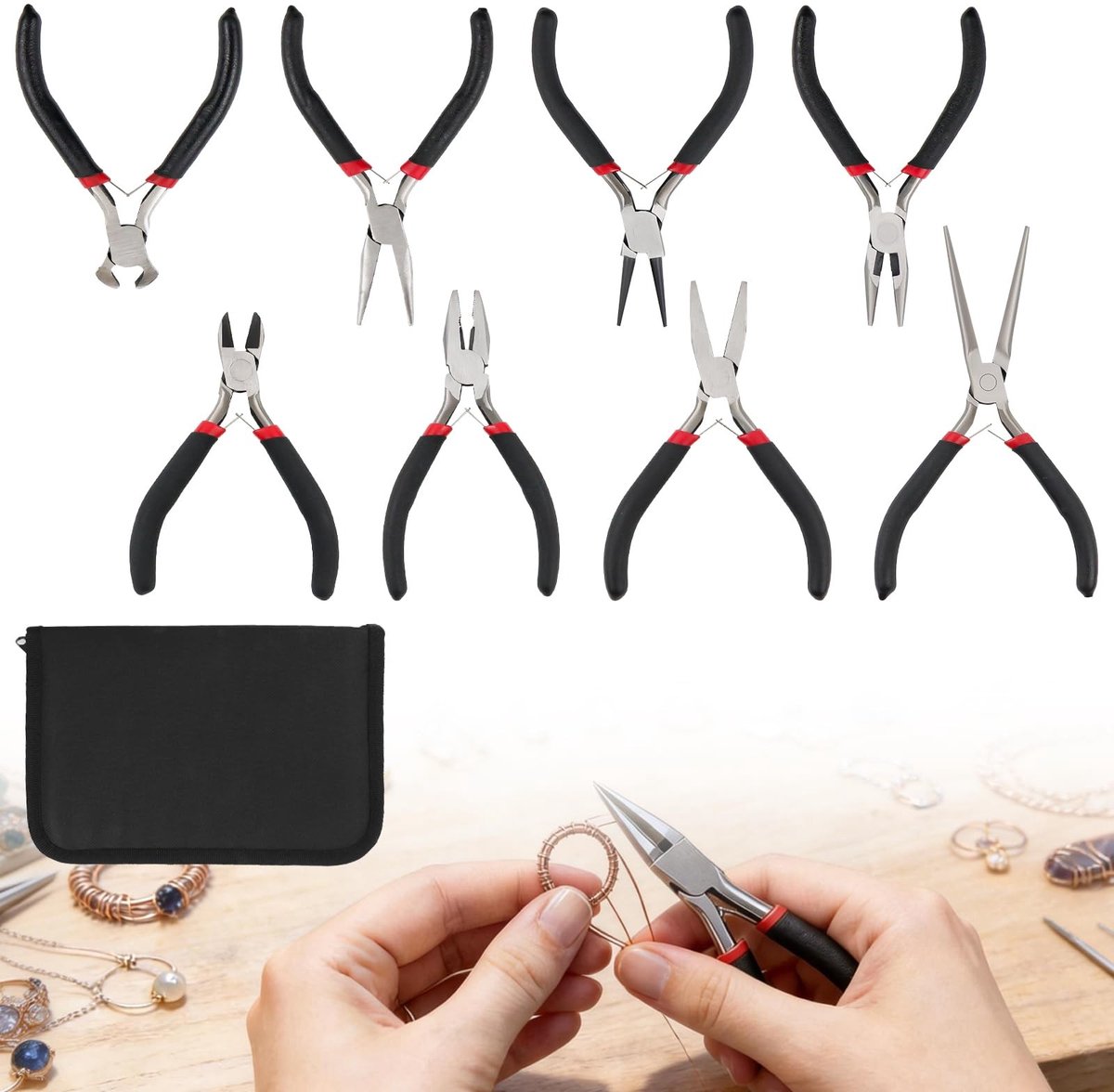 Omgoods - Set van 8 Mini Tangenset voor DIY Sieradenmaken met Opbergtas