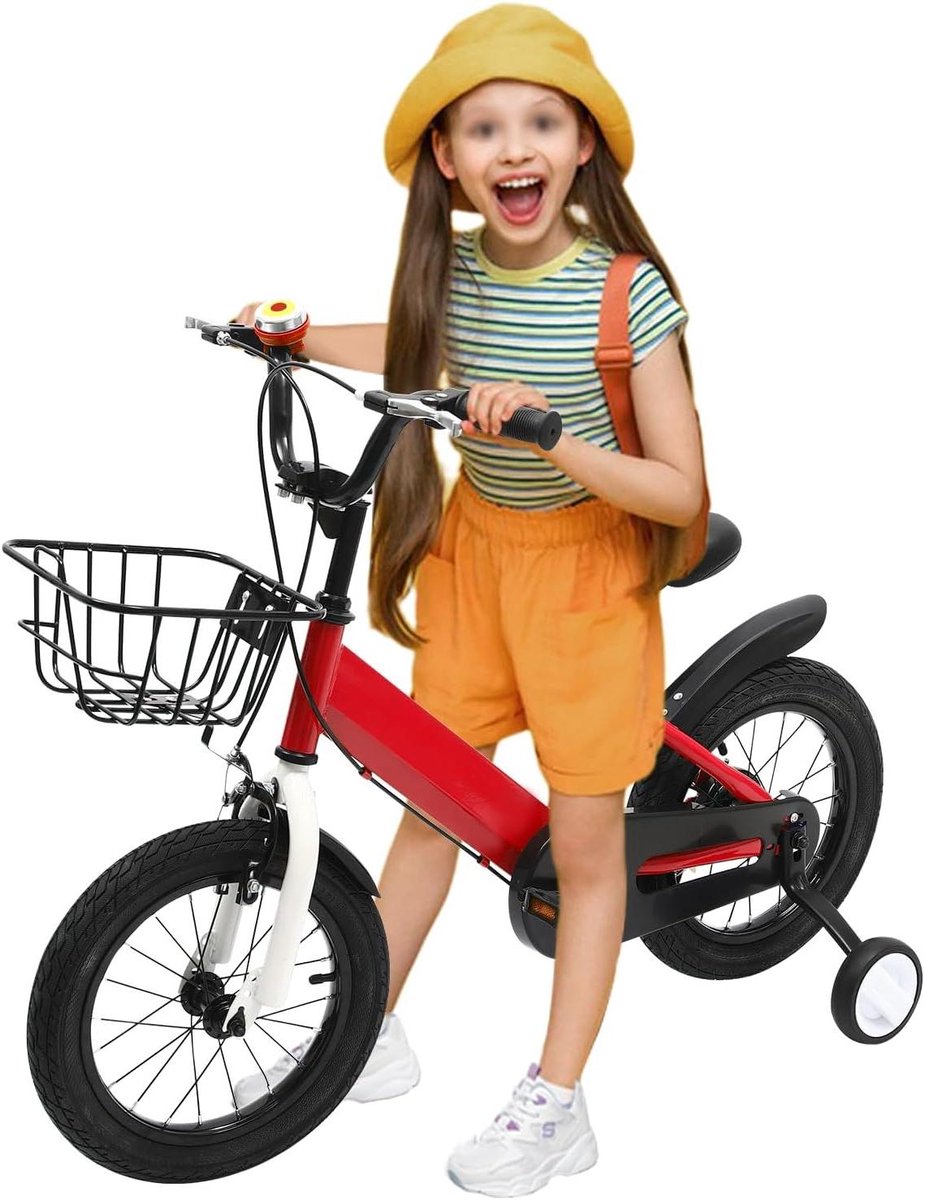 Kinderfiets met steunwielen Loopfiets met zijwielen Leren fietsen In hoogte verstelbaar zadel 14 inch Rood