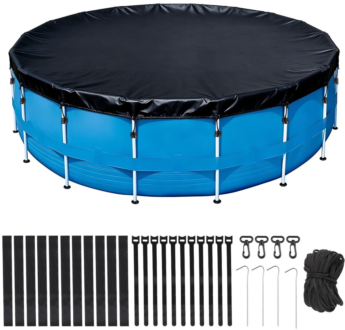 Omgoods - Ronde Zwembadafdekking met Trekkoord en Vloernagels, Diameter 457 cm
