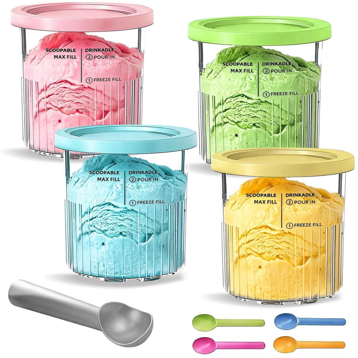 Omgoods - Set van 4 IJscontainers voor Ninja Creami met Kleurrijke Deksel