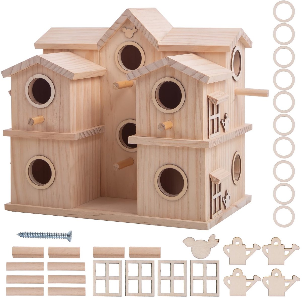 Omgoods - Multi-kamer Houten Vogelhuis - 10 Nestcompartimenten van Onbehandeld Den