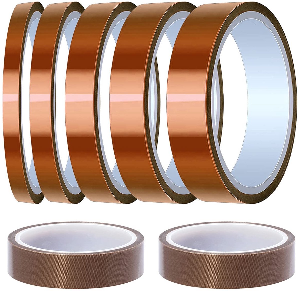 Vijfdelige set hittebestendige polyimide tape in verschillende maten voor 3D-printen, solderen en masking met extra Teflon tape