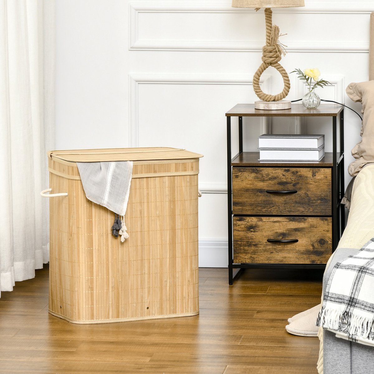 COVREO Wasmand 54,2 x 35,2 x 59,5 cm naturel, bamboe met 2 vakken