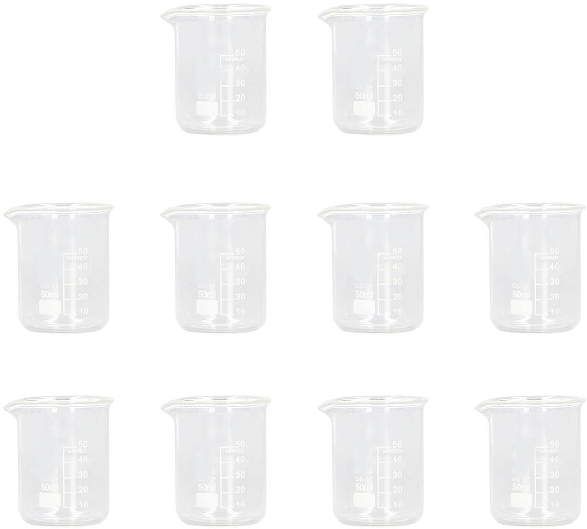 SnelShoppen - 10 Stuks 50mL Laboratorium Glazen Bekers, Dikke Borosilicaat Glazen Cups met Gedrukte Schaalverdeling voor Chemielessen en Laboratoria