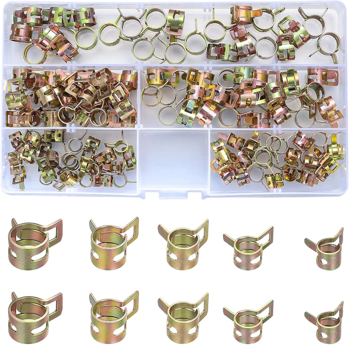 SnelShoppen - 125-delige Slangklemmen Set 6mm 7mm 8mm 9mm 10mm, Brandstofslang Klemmen, Hoogwaardige 65Mn Staal, Handig voor Tuin, Klussen en Auto