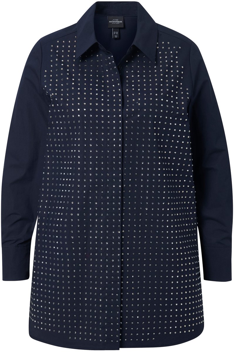 Ulla Popken - Dames - Blouse siersteentjes A-lijn overhemdkraag lange mouwen - Donkermarine - Maat 42+