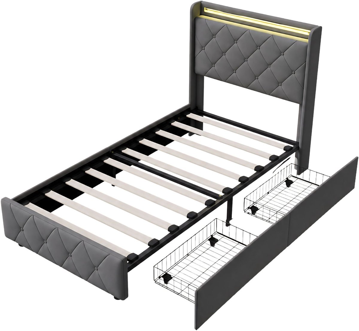 Gestoffeerd Tweepersoonsbed - 90 x 200 Cm - Oplaadpoort en 4 - Modern Design met LED