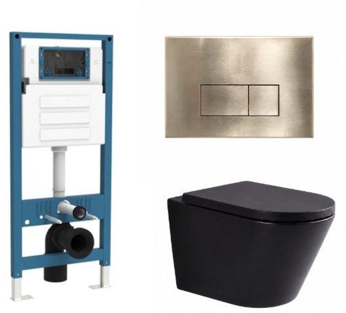 QeramiQ Dely Toiletset - inbouwreservoir Qeramiq Flush - 35mm zitting - metaal messing geborstelde bedieningsplaat - rechthoekige knoppen - mat zwart