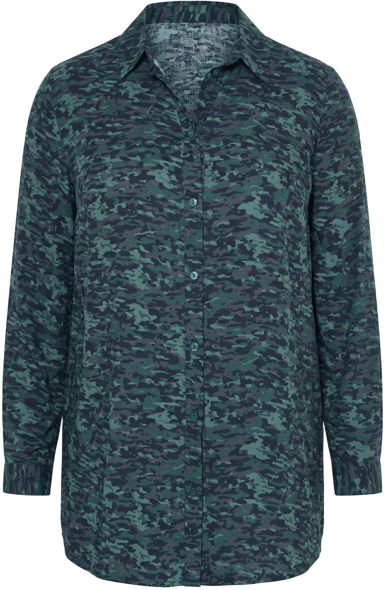 Studio Untold - Dames - Overhemdblouse Straight Shape camouflage lange mouwen - Matgroen - Maat 58+