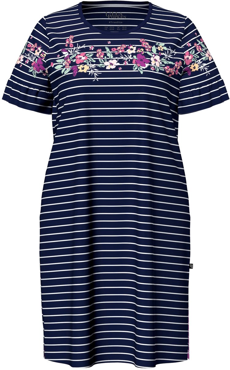 Ulla Popken - Dames - Bigshirt bloemenstrepen ronde hals korte mouwen met volant - Nachtblauw - Maat 46+