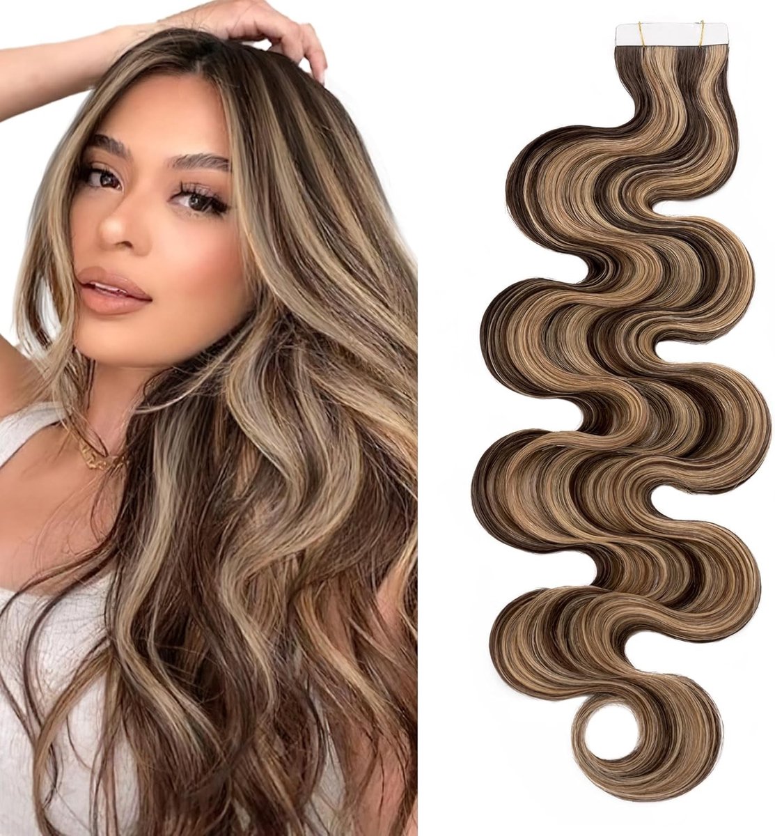 Tape Extensions Echthaar Gewellt 16 Zoll/40 cm - 20 Stuks Klebeband Haarverlenger met 10 Dubbellaagse Vervangkleefstrips in Middenbruin/Honigblond #4p27 voor Volumineus Haar