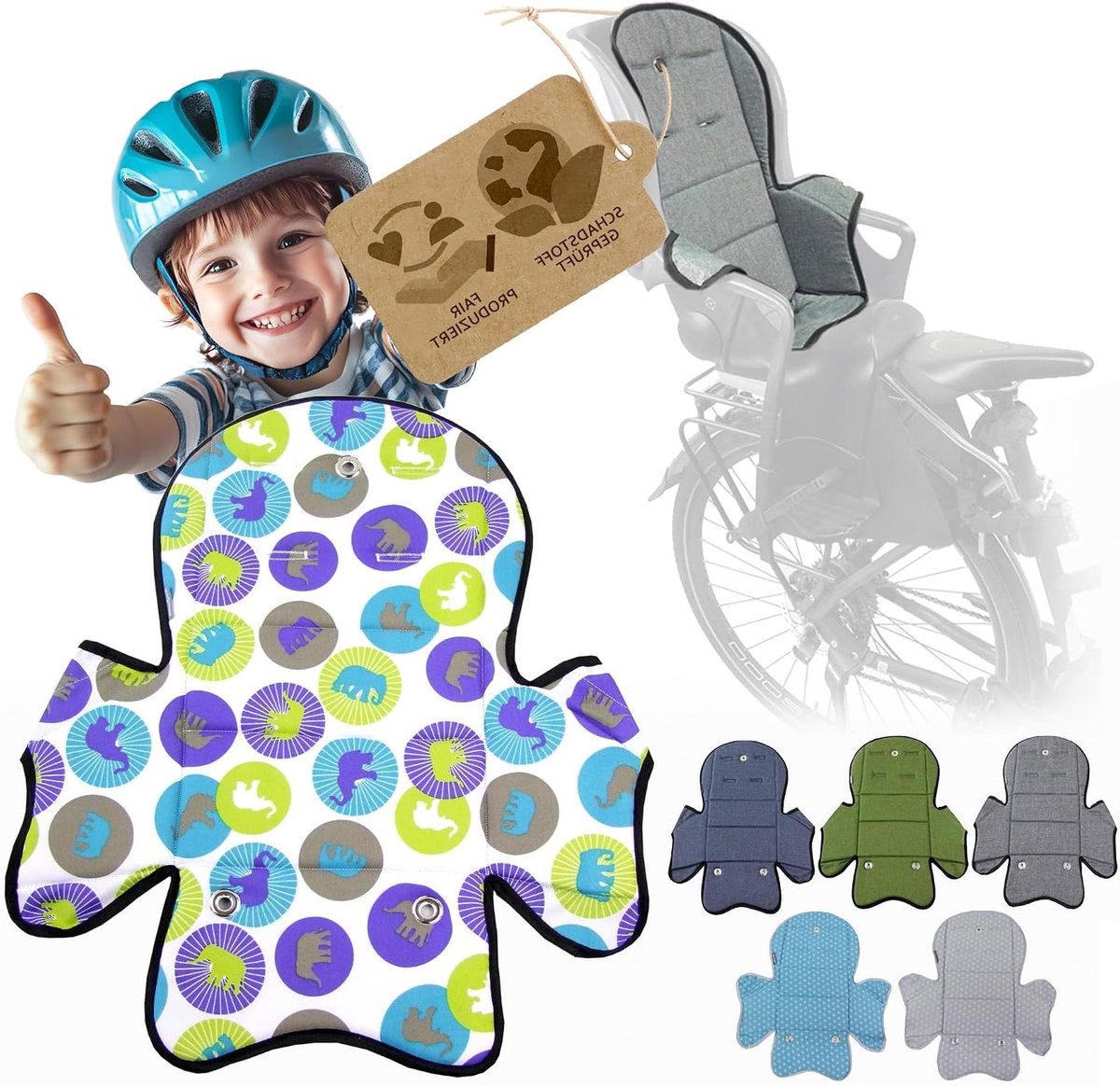 Zadelhoes Fietsstoeltje - Vervangende Overtrek Kussen - Fietsen Met Kinderen - Waterafstotend Materiaal - Universeel - Groene Olifanten