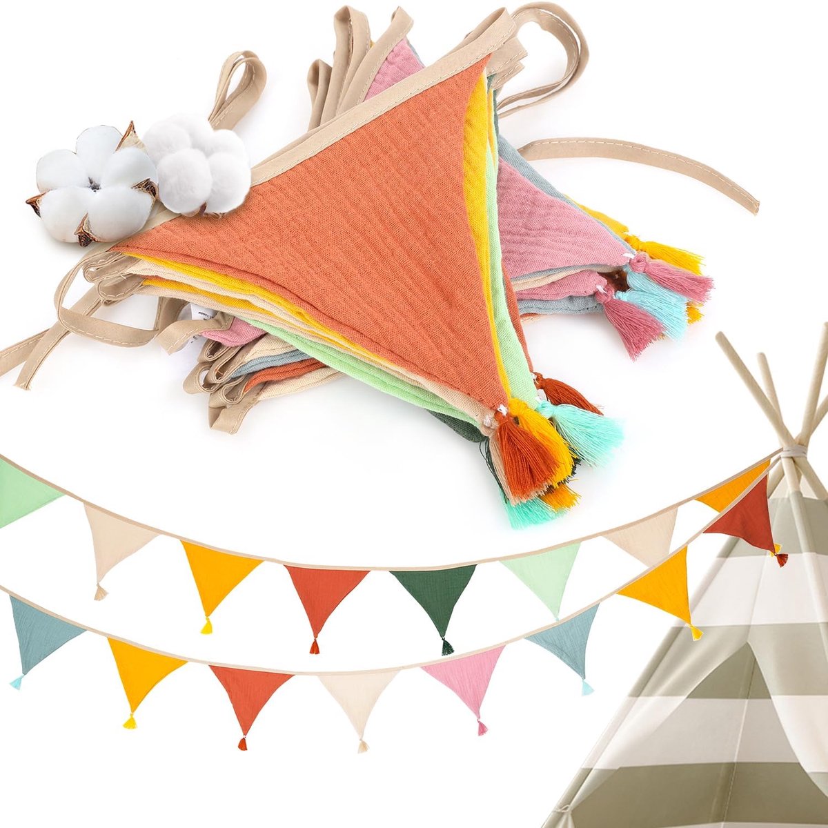 2 x 2.6 m Fabric Banner Chain for Children's Room, Outdoor Fabric, 100% Organic Cotton, Beautiful Wall Decoration for - ShopVlot