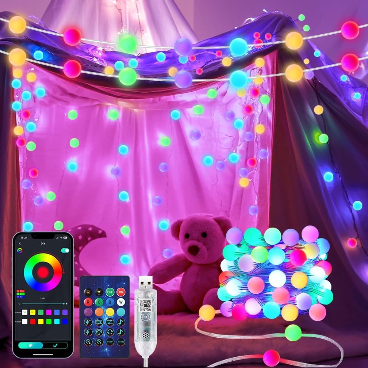 SnelShoppen - Smart USB LED Lichtketting 5m - 33 Kleurveranderende Ballen met Afstandsbediening en App - Voor Feest, Bruiloft, Kerstboom, Binnenverlic