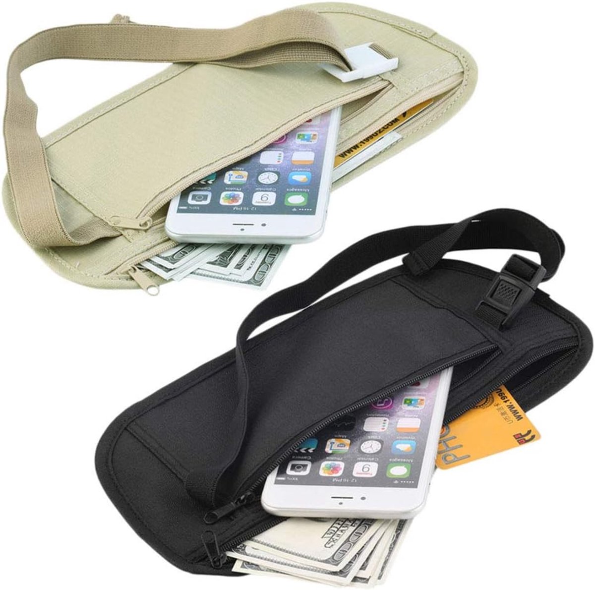 SnelShoppen - 2 Stuks Slim RFID Blokkerende Reiskostenbelt Verborgen Paspoort Houder Heupzak Veiligheids Heuptas met Ritssluiting voor Vrouwen 2 Stuks