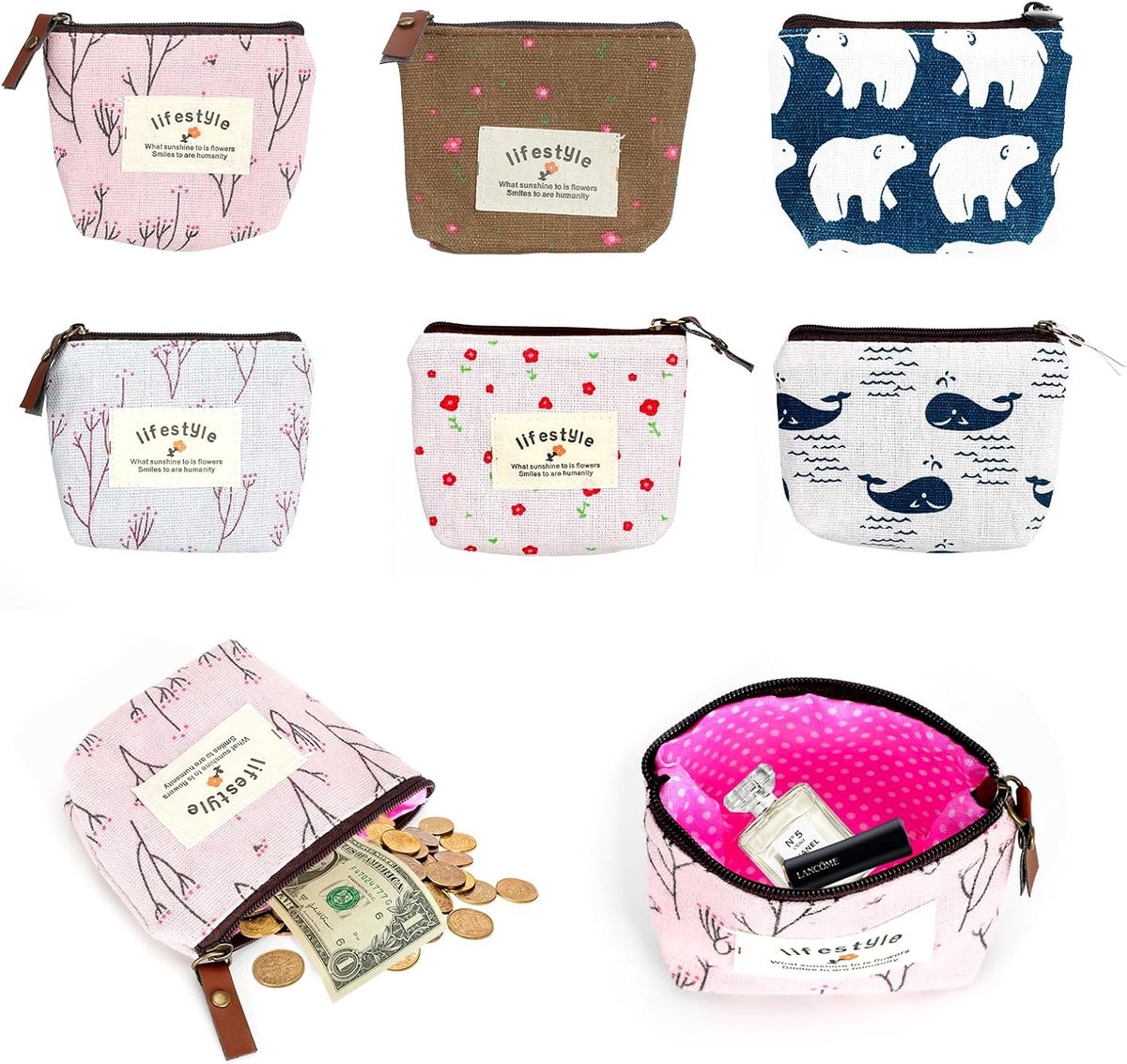 SnelShoppen - 6 Stuks Mini Cosmetica Muntentasjes Vrouwen Rits Portemonnee Kinderen Cartoon Tas Meisjes Potloodetui voor Munten Hoofdtelefoon Lippenst