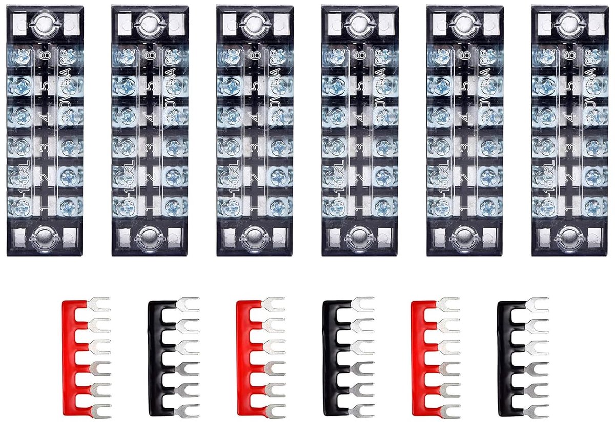 SnelShoppen - Pack van 6 Schroef Eindklemmen 600 V 15 A Dubbele Rij Klemstrip 6 Posities + 6 Stuks Terminal Strips Rood en Zwart voor Efficiënte Bedra