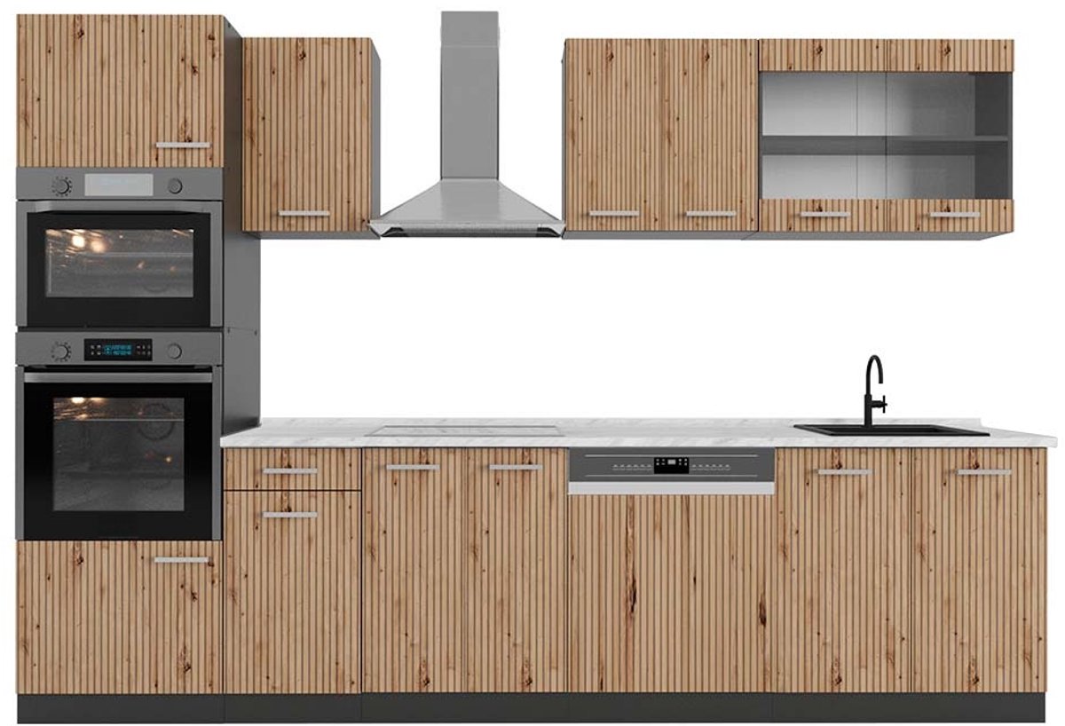 Vicco R-Line Complete keukeneenheid – 300 cm met hoge kast, met marmeren werkblad Artisanaal eiken/antraciet