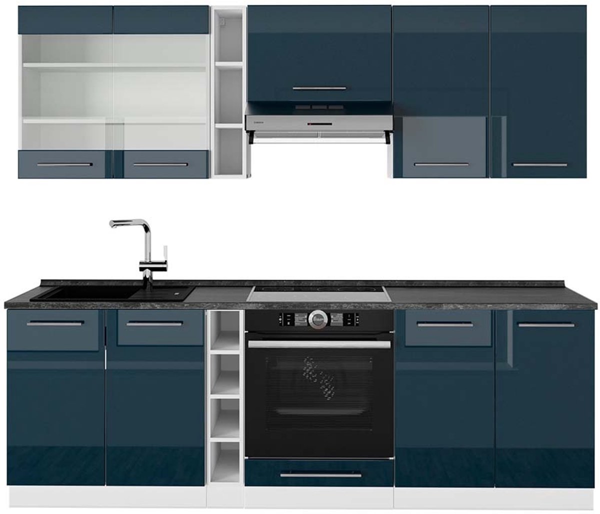 Vicco Fame-Line Keukenblok – 235 cm, WB Antraciet Donkerblauw hoogglans/wit
