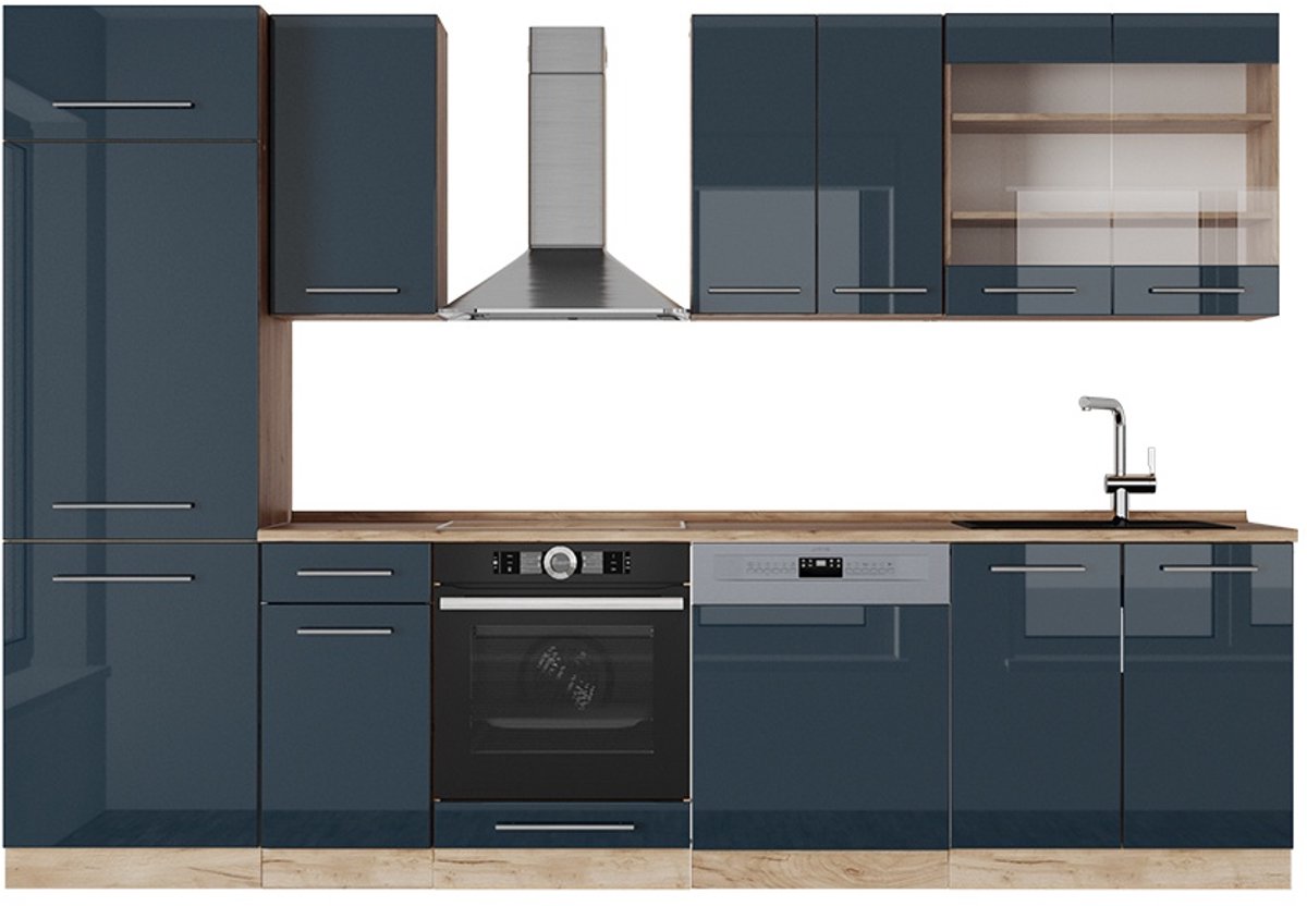 Vicco Fame-Line Keukenblok – 300 cm zonder werkblad Donkerblauw hoogglans/gouden eik