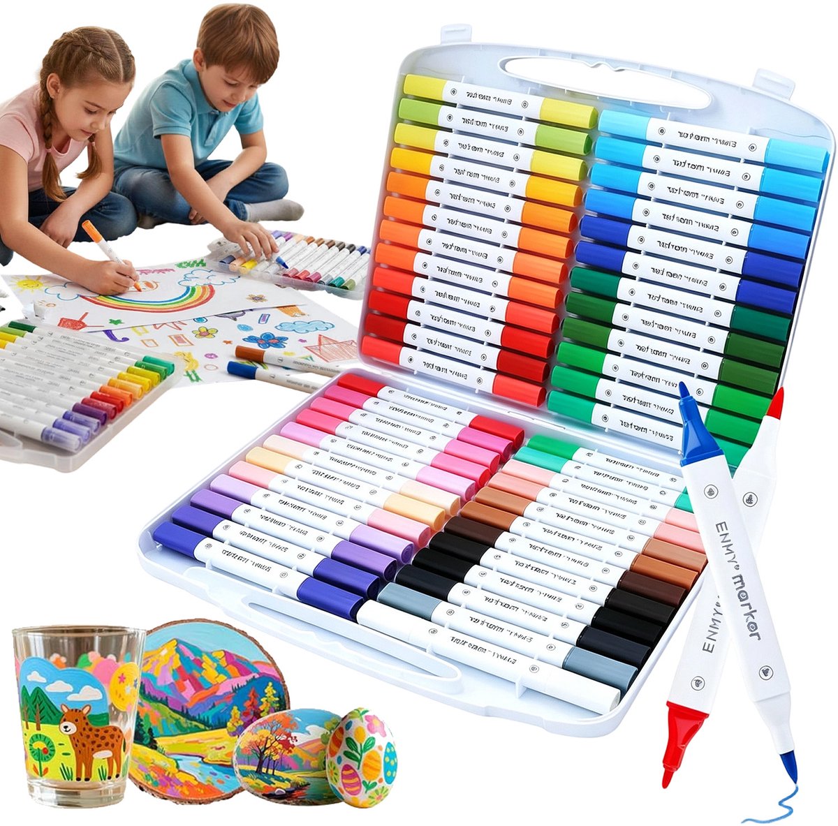 48 Kleuren Acrylmarkers - Twinmarkers - Verfstiften Stones - Dubbele Tip - 1,5/2 mm - Waterdicht - Sneldrogend - Niet Giftig - Voor Kunst en Knutsel - Volwassenen en Kinderen