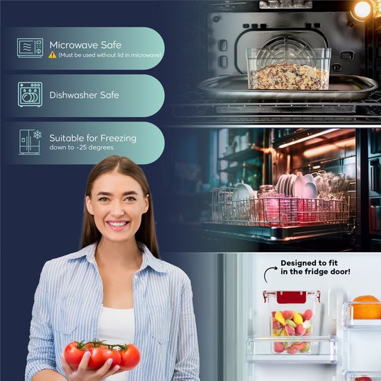 Vrouw met tomaten, linksboven: container in magnetron, midden: vaatwasser, rechtsonder: container in koelkastdeur. Containers met rode deksels.