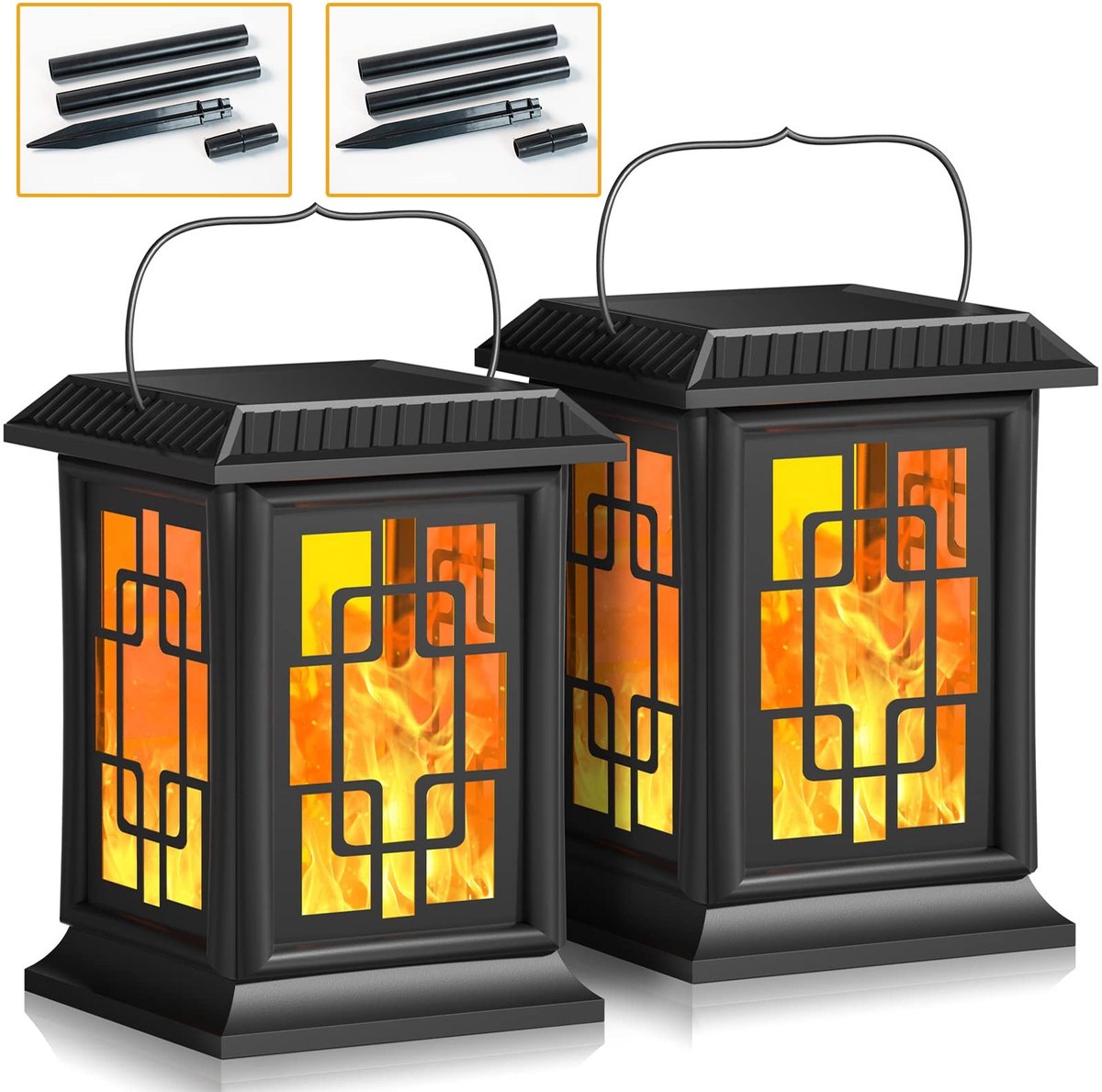 Omgoods - Solar LED Lantaarns met Vlam Effect - Set van 2