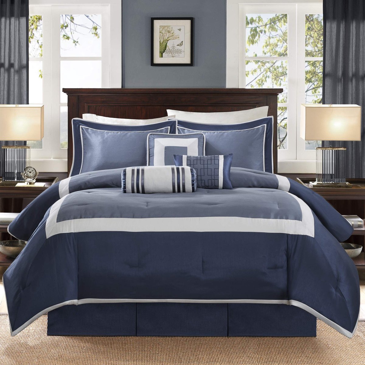 Omgoods - Luxe All-Season Beddengoed Set met Sierkussens - Genevieve Marineblauw Queen