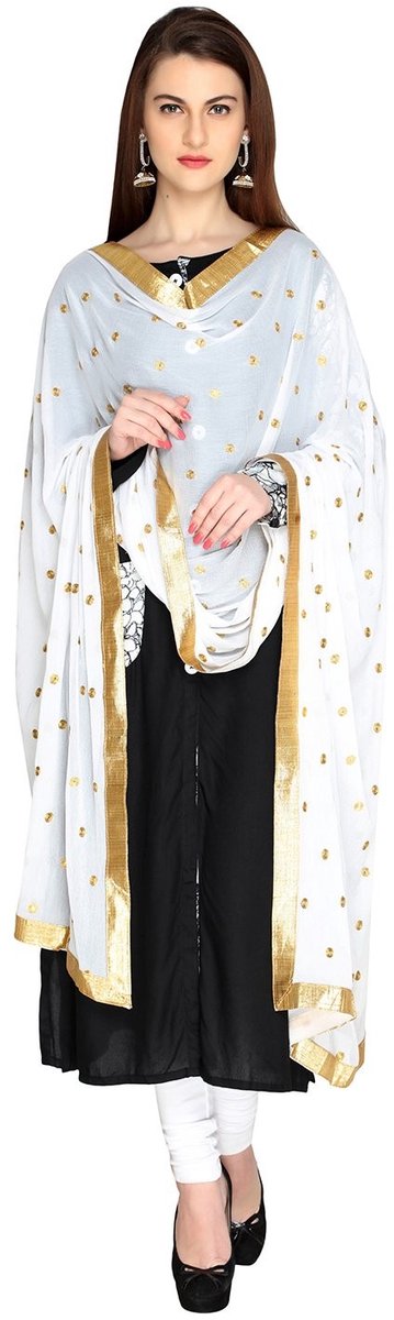 Omgoods - Dames Gehaakte Chiffon Dupatta, Wit Goud