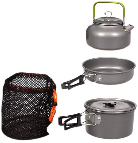 Omgoods- Kookgerei Opvouwbaar - Camping Pannenset - Steelpan - Theepot - Nylon Tas - Antislip Handvat - Kookset — afbeelding 2