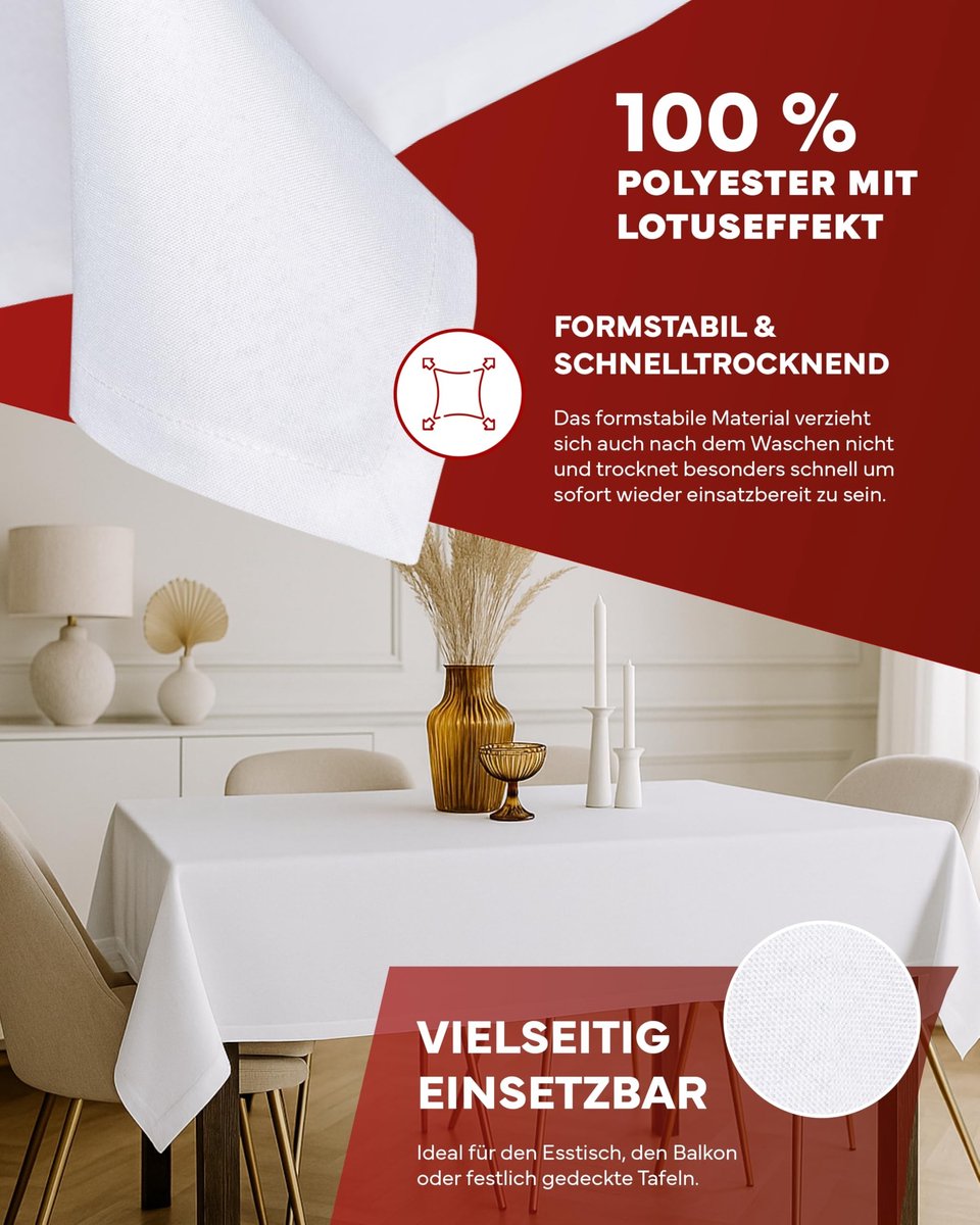 Omgoods - Rechthoekig Tafelkleed 130 x 300 cm met Lotus Effect in Wit