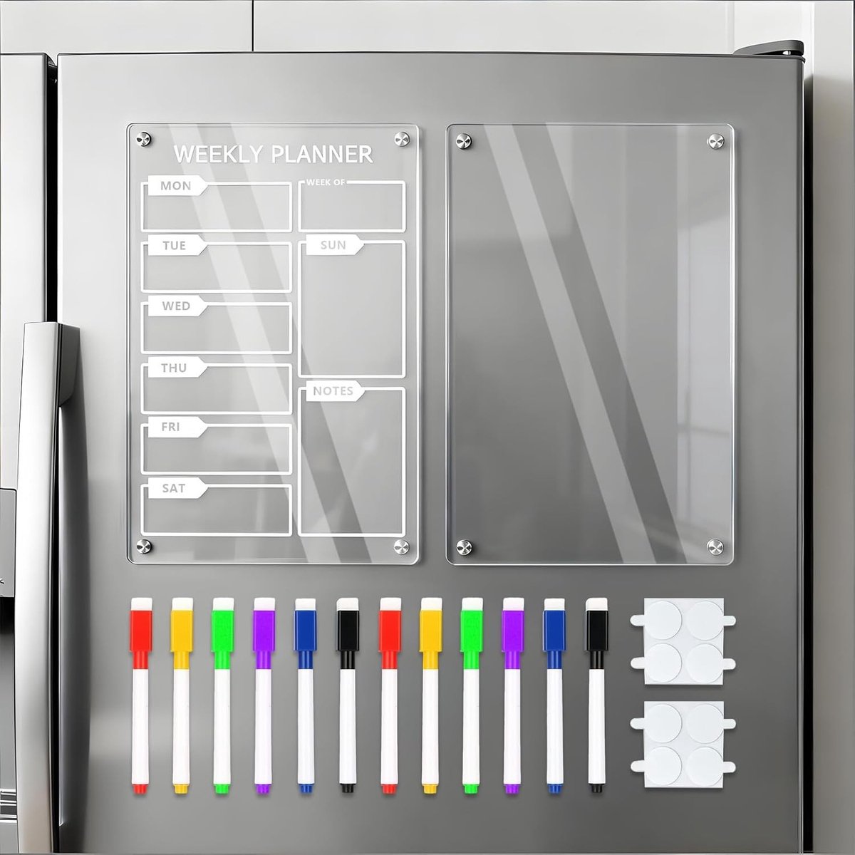 Magnetische A4 Weekplanner met Wasbare Acryl en 12 Whiteboard Stiften voor Taken, Menu en Boodschappen, Set van 2