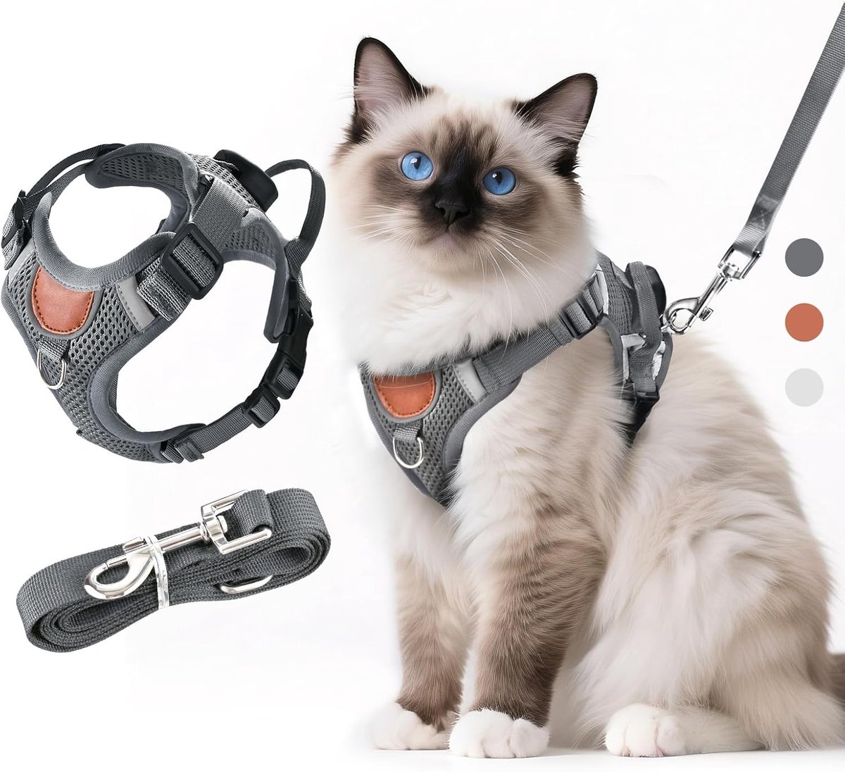 kattentuig met riem, anti-ontsnapping, kattenborstharnas met reflecterende strepen en ademend netweefsel, zacht harnas voor katten, kittens puppy's (donkergrijs, S)
