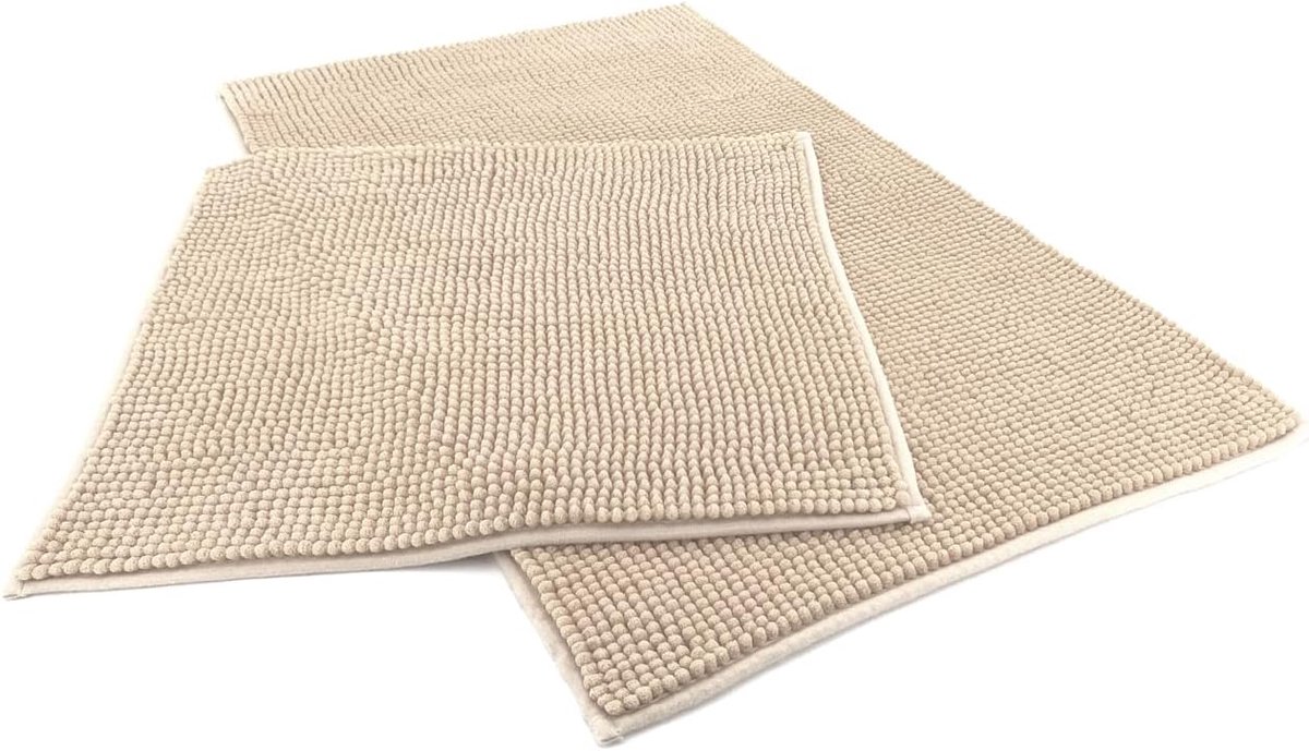 SnelShoppen - Chenille Badmat Super Zacht 2 Stuks - Absorberende Antislip Badkamer Mat Beige 45x50 / 50x80 cm - Voor Ondervloer Verwarming