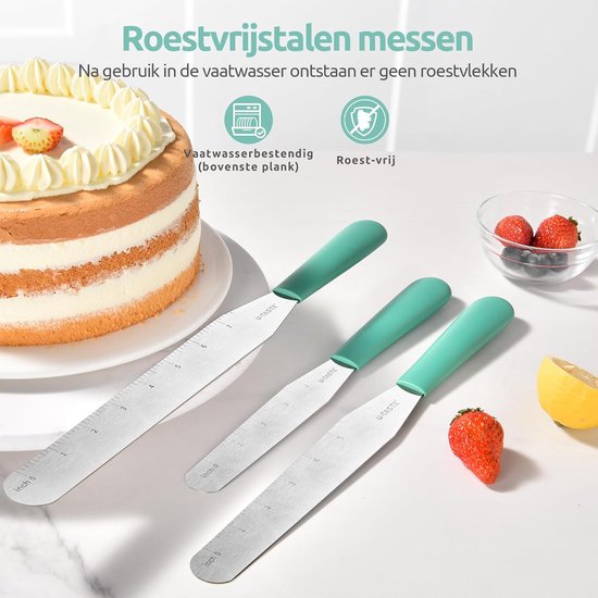 Spatelset,430 Roestvrij Staal Oppervlak (3 Stuks,Aqua) - 5/20/25 cm Taart Paletmessen Platte Decoratie Spatels Met Houder RVS Mes Glazuur, Verdelen, Frosting Taart Voor Het Bakken — afbeelding 2