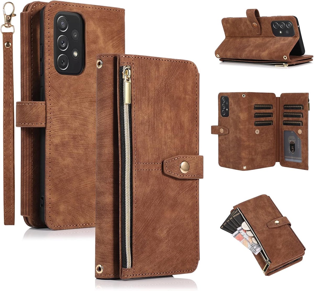 Hoes voor Samsung Galaxy A52 4G/5G A52S 5G,, 9 kaartvakken, retro, lederen portemonnee, schokbestendig, flipcase met handlus, standfunctie, ritssluiting, telefoonhoes, magneetsluit