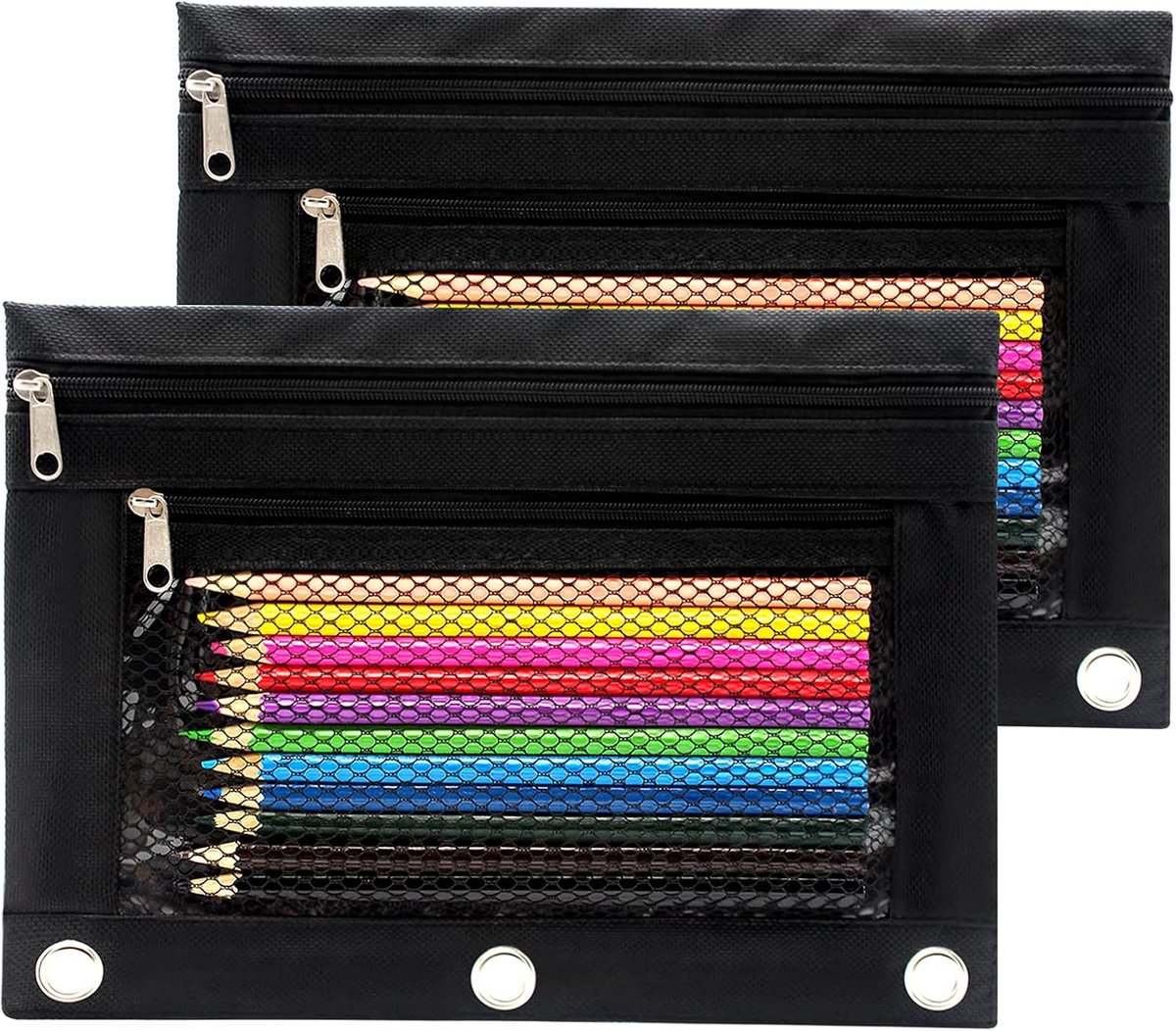 3-Rings Binder Pouch Ritssluiting Potlood Etui Canvas Potlood Tas met 2 Vakken, Zwart, 25 x 25 x 18 cm, Modern design